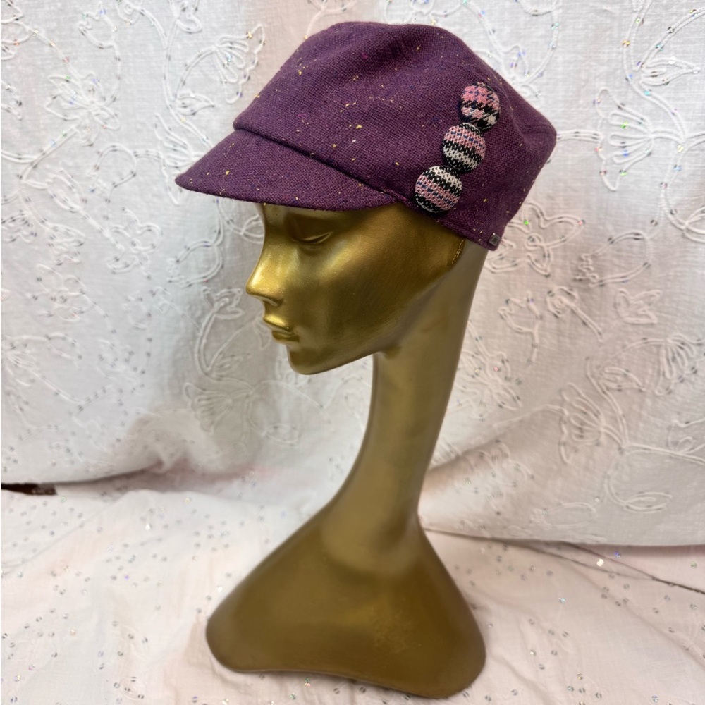 deLux Purple Tweed Newsboy Cap Plaid Button Detail Size 56 cm (L)
